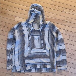 Vtg Yarina 100% eco yarn Baja Pullover Striped Gray White Brown Hoodie Soft